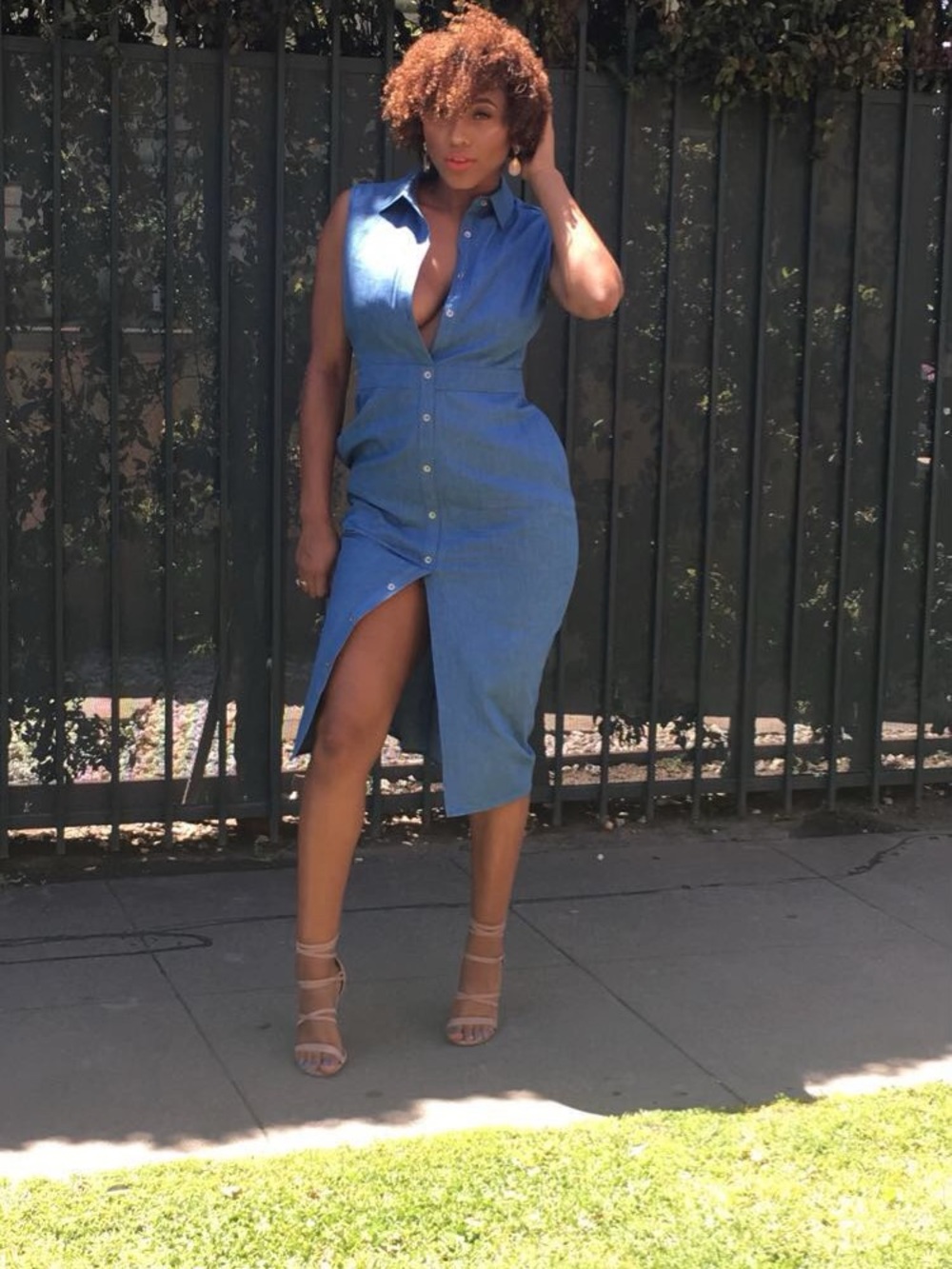 Knotted back denim dress